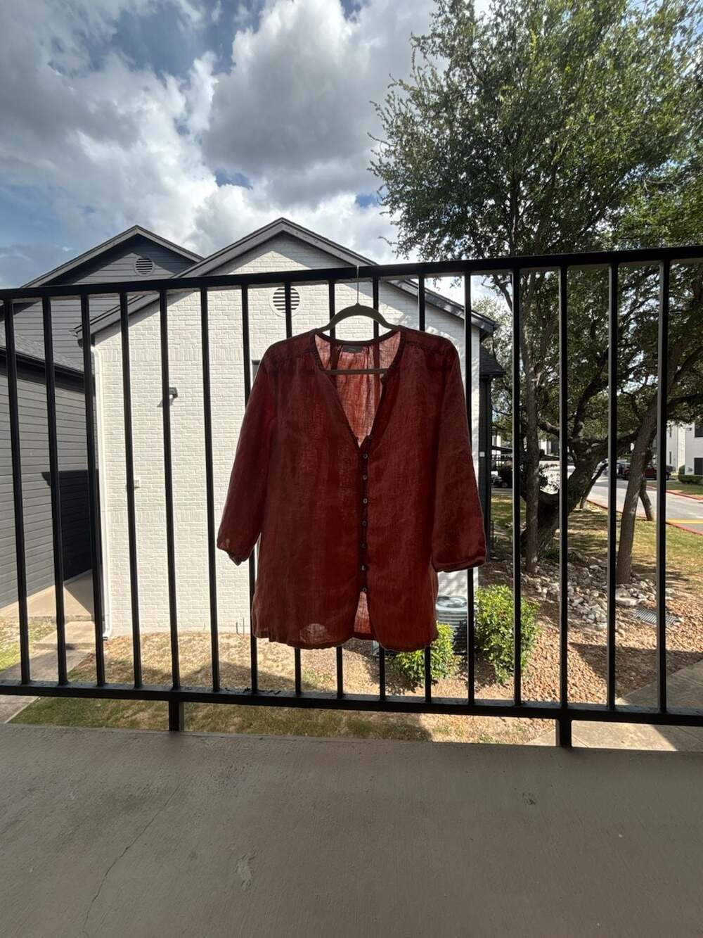 purejill Linen V-Neck Button-Front Tunic Top - Rust Red